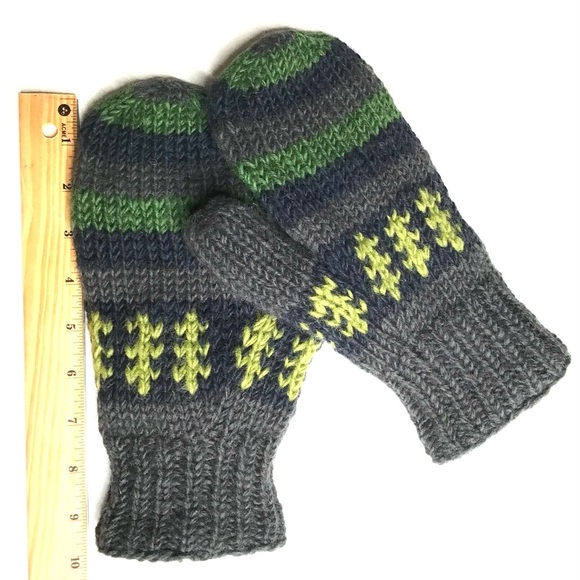 Cozy Dark Gray Knitted Mittens with Bright Green, Yellow and Navy Blue Stripes - Picture 4 of 4